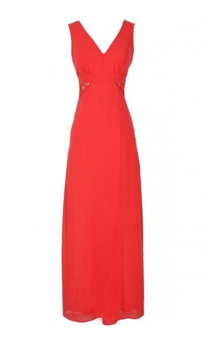 Last Night Chiffon Maxi Dress With Lace Insets in Coral